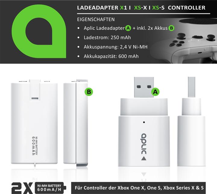 Produktbild Aplic Ladegerät für Xbox One Controller und Series Gamepad, Akku Ladestation, 2 x Akkus 600 mAh (Xbox One S, Xbox Series S)