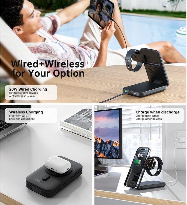 Actual product image Choetech 3in1 Qi2 MagSafe wireless charger and power bank (15 W)