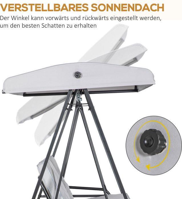 Produktbild Swisshandel24 Hollywoodschaukel 2-Sitzer, verstellbares Dach, Kissen, bis 220 kg, Grau, 145x116x172 cm