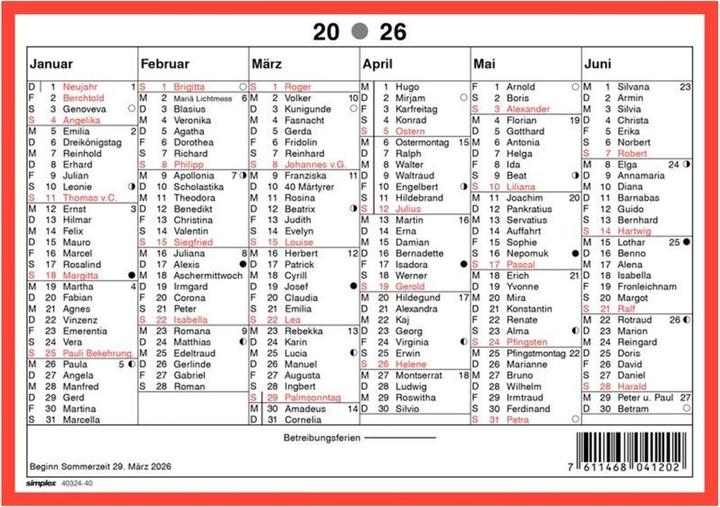 Nutritional values and ingredients Simplex Kalender mit Namenstagen A5 Querformat, 2026 (A5, Hardcover, German)
