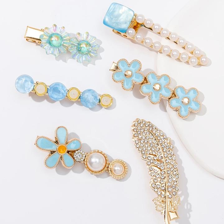 Activity Board 6pcs Bunte Feder Blumen Faux Perle Strass Haarspangen Mode Luxus Urlaub Reise Haarnadeln (6 Stk.)