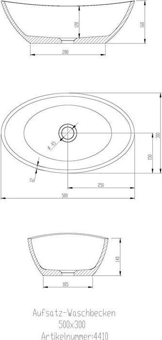 Produktbild Hoesch Aufsatz-Waschbecken NAMUR 500x300x120mm we (300 mm, 500 mm)