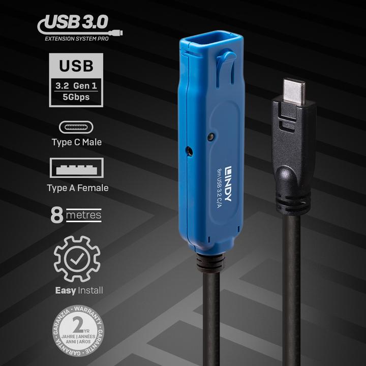 Actual product image Lindy 8m USB 3.2 Gen 1 C/A Active Extension Pro Up to 40m extension for a USB type A device on a (8 m, USB 3.2 Gen 1)