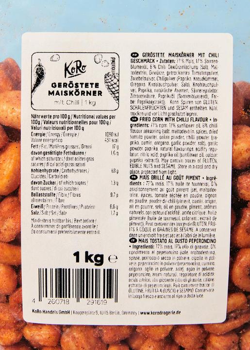 Valori nutrizionali e ingredienti KoRo Chicchi di mais arrostiti con peperoncino (1000 g)