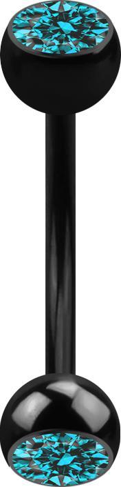 Star Piercing Micro Banane schwarz mit zwei Kugeln und Kristall aqua (ohne Messing, Titan G23)