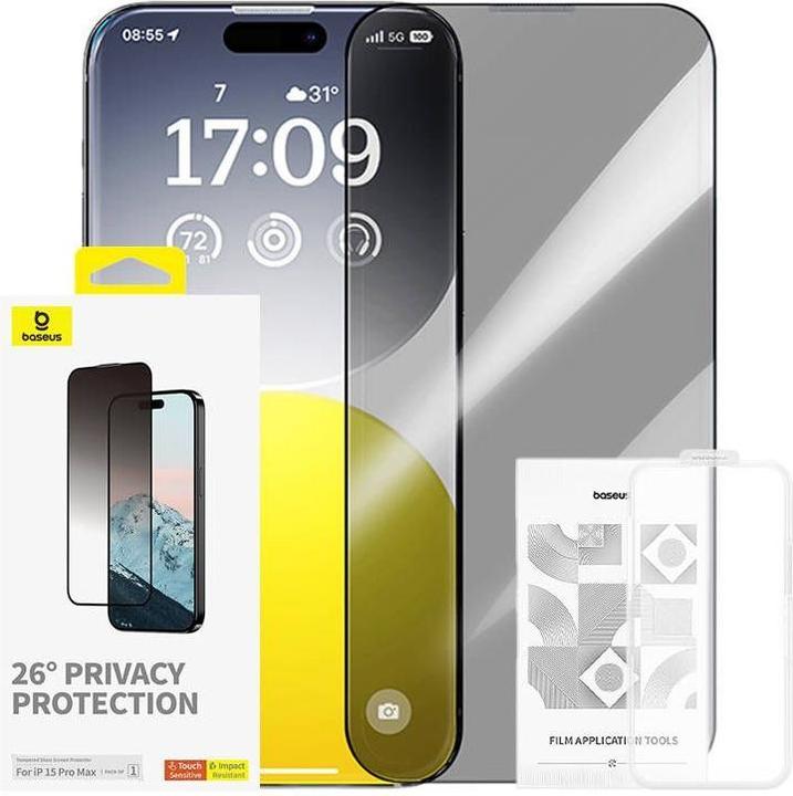 Baseus Privacy Protection Tempered Glass Diamond iPhone 15 Pro Max (1 Stück, Apple iPhone 15 Pro Max)