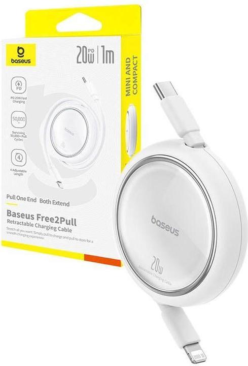 Actual product image Baseus Free2Pull retractable USB-C / Lightning cable 20W 1m - white (1 m, USB 2.0, 20 W)