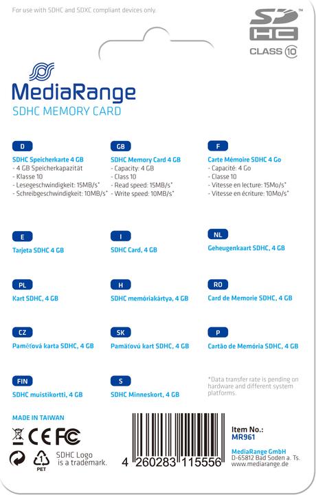 Immagine prodotto MediaRange SDHC Classe 10 (4 GB, SDHC, U1, UHS-I)