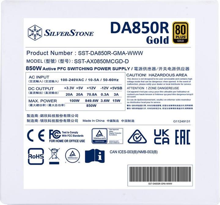 Energy Label Silverstone SST-DA850R-GMA-WWW - 80 PLUS Gold 850W ATX 3.0 & PCIe 5.0 Fully Modular Power Supply, wh (850 W)