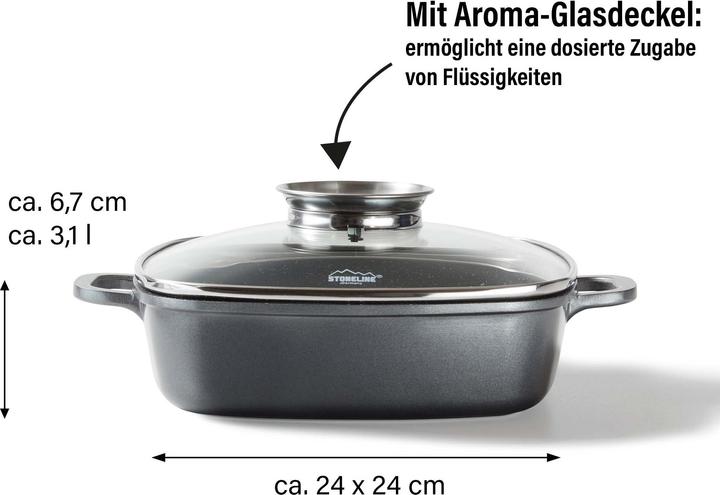 Produktbild Stoneline Eckpfanne 24x24 cm mit Aroma Glasdeckel, Pfanne rechteckig, Backofen, Induktion geeignet (Pfannenset + Topfset, Aluminium)