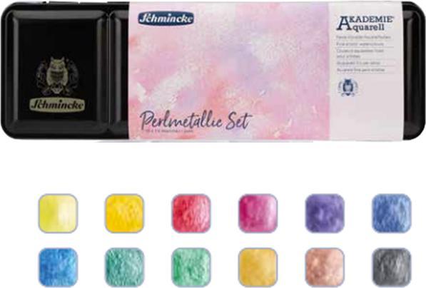 Image du produit Schmincke Aquarelle Horadam boîte métallique tons nacrés (Pearl Blue, Vert perle, Rouge perle, Jaune perle, Vert perle clair, Marron perle, Perlviolet, Bleu perle clair, Rouge perle clair, Magenta nacré, Marron perle clair)