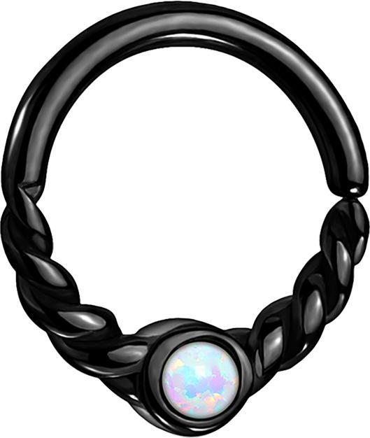 Star Piercing Micro Piercing Ring schwarz halb geflochten mit Opal weiss (Chirurgenstahl 316L, ohne Messing)
