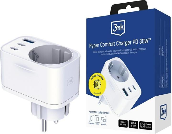 Actual product image 3MK Adapter sieciowy Hyper Comfort Charger 30W 1xUSB-A 2xUSB-C 1xSchuko PD QC3.0 biały (30 W)