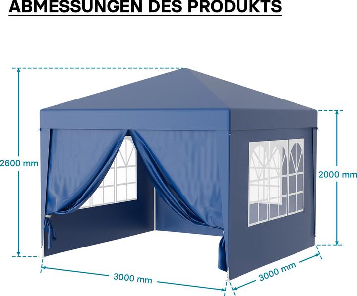 Produktbild Wiltec Pavillon 3x3m in Blau mit UV-Schutz 50+ Gartenpavillon Partyzelt Camping (300 cm, 300 cm)