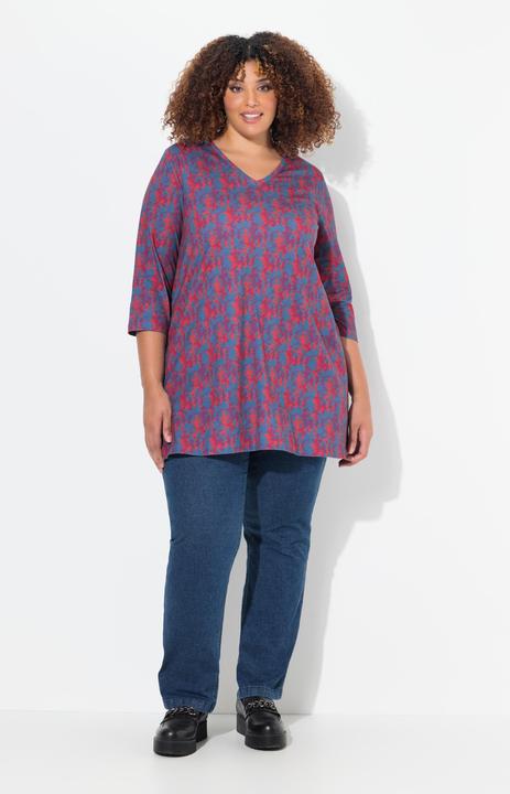 Immagine prodotto Ulla Popken Maglia dal taglio lungo e svasato con design batik, scollo a V e maniche a 3/4 (60)