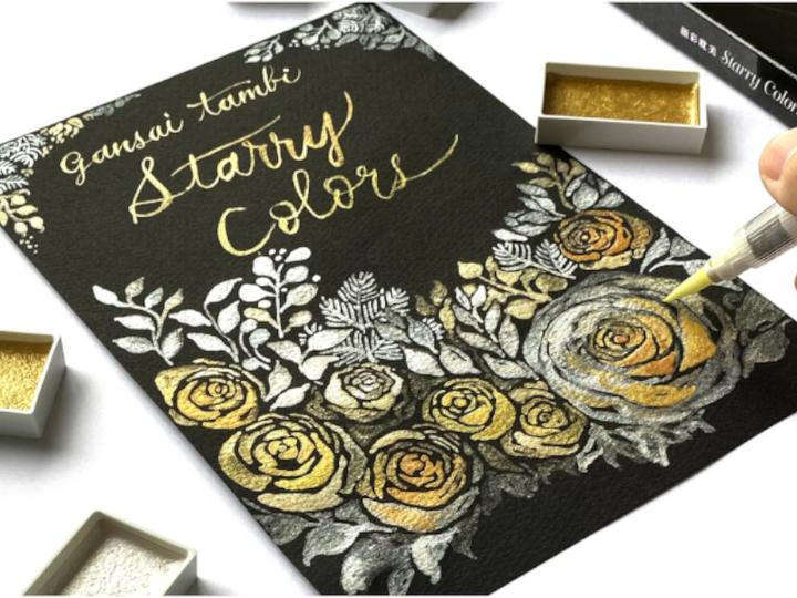 Produktbild Zig Gansai Tambi Starry Color watercolors, 6 glitter colors (gold (Nr. 905), Blau Gold (Nr. 901), weiss (Nr. 906), gelb und gold (Nr. 903), Rotgold (Nr. 902), Champagne Gold (Nr. 904))