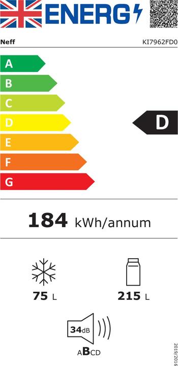 Energy Label Neff N 50, Einbau Kühl-Gefrierkombination mit Gefrierfach unten, 193.5 x 55.8 cm, Flachscharnier, KI7962F (290 l)