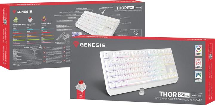 Actual product image Genesis herní klávesnice THOR 230/TKL/RGB/Outemu Red/Bezdrátová USB + Bluetooth/US layout/Bílá (US, Cable, Wireless)