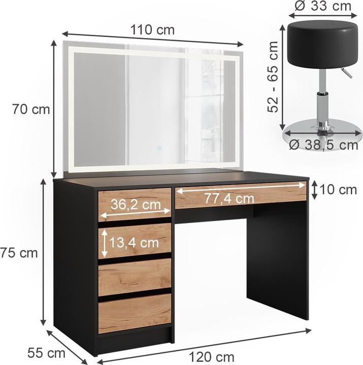 Actual product image Vicco Dressing table Sherry, Anthracite/golden oak, 120 x 75 cm with LED mirror and stool (120 x 75 x 55 cm)