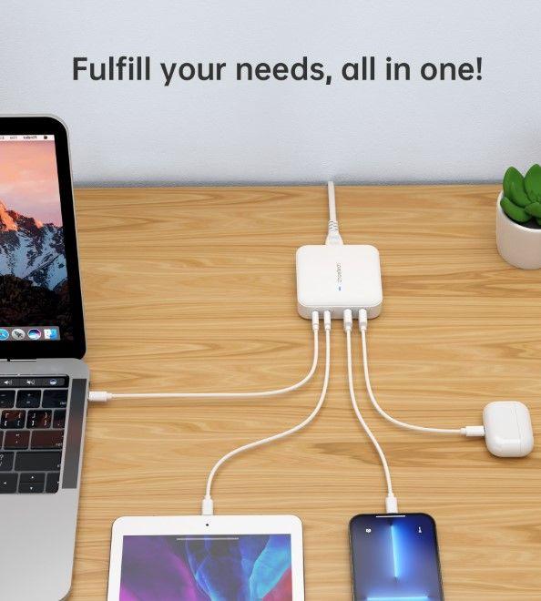 Productafbeelding Choetech PD8008 100W GaN snellader 2x USB-A / 2x USB-C - wit (100 W)