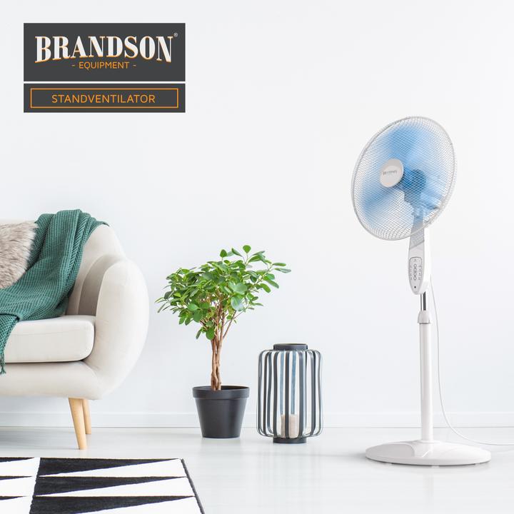 Actual product image Brandson Pedestal fan, 42 cm Ø, pedestal fan, remote control, tiltable 30°, 50W, oscillation 80°, white/blue (45.60 dB)