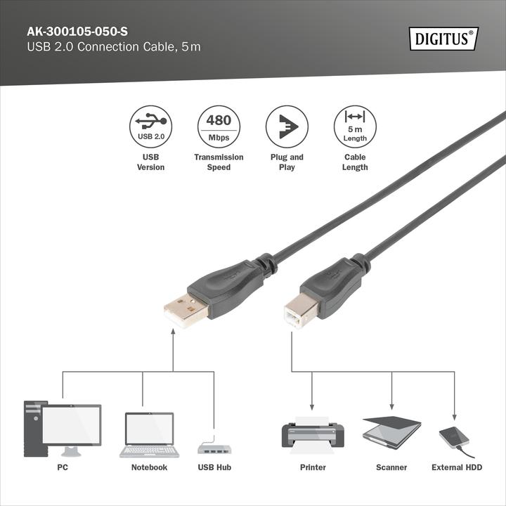 Produktbild Digitus USB A – USB B (5 m, USB 2.0, 2.50 W)