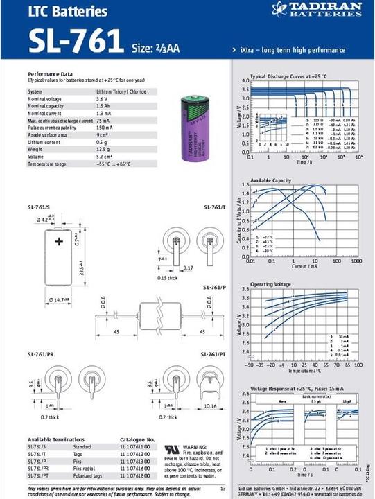 Produktbild Tadiran Akku Inorganic Lithium Battery SL-761/S Standard 2/3AA (1 Stk., 2/3 AA, 1350 mAh)
