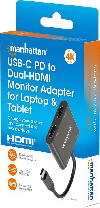 Produktbild Manhattan USB-C PD auf Dual-HDMI-Monitor-Adapter (USB Typ-C, HDMI, 5.90 cm)