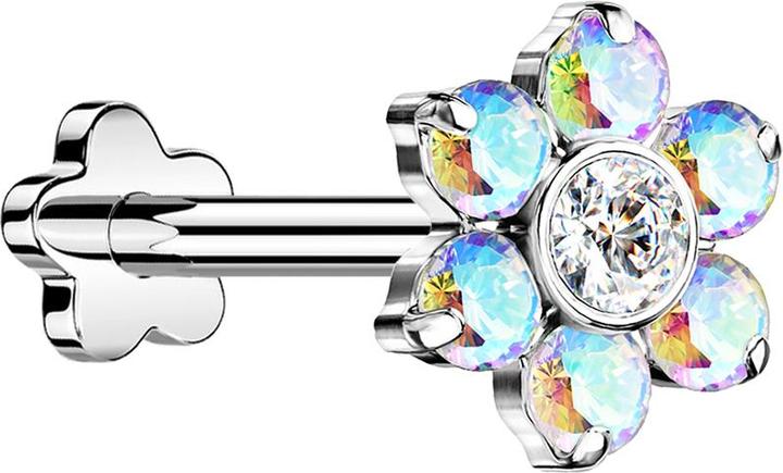Star Piercing Micro Threadless Labret Blume silber Blume Kristalle mulitcolor (ohne Messing, Titan G23)