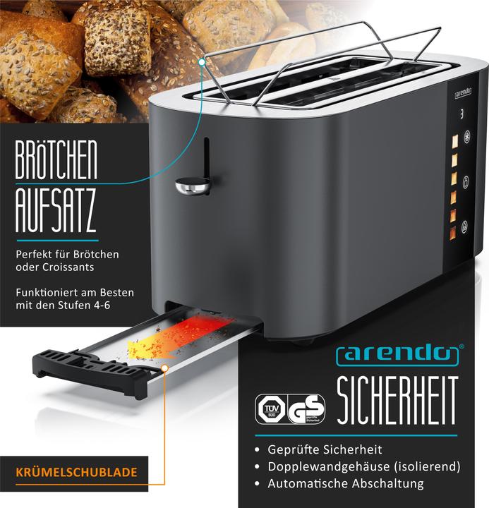 Produktbild Arendo Toaster Edelstahl 4 Scheiben Langschlitz, Touch Display, Bräunungsgrad & Restzeitanzeige, 1500 W (EU-Stecker)