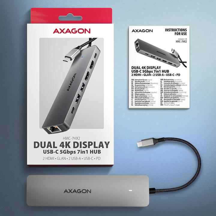 Actual product image Axagon HMC-7HX2 USB-C 5Gbps DUAL 4K DISPLAY 7in1 hub (USB-C, 7 Ports)