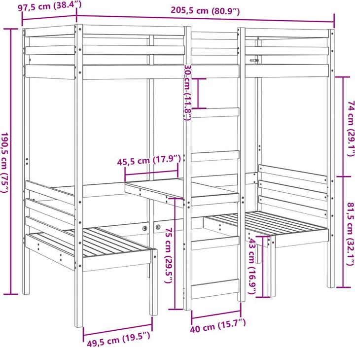 Produktbild VidaXL Hochbett mit Schreibtisch & Stühlen (90 x 200 cm)