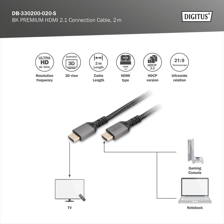 Produktbild Digitus 8K HDMI Ultra High Speed Anschlusskabel (2 m, HDMI)