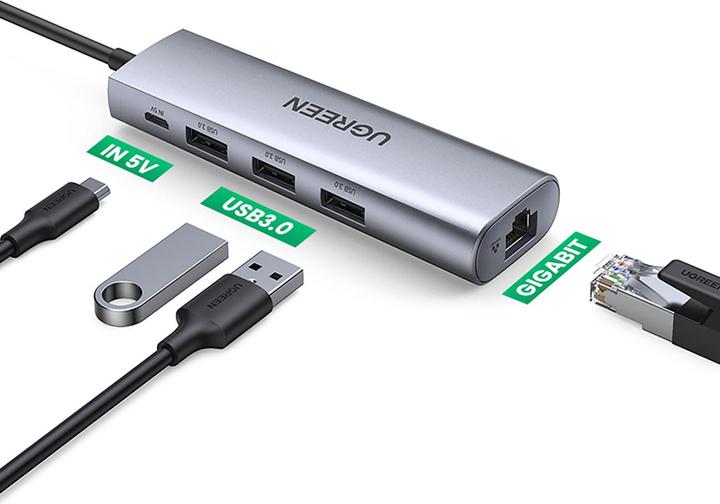 Image du produit Ugreen CM266 Adaptateur Hub 5en1 USB, 3x USB 3.0, micro USB, RJ45 (gris) (USB-A, 5 Ports)