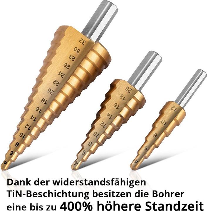Actual product image Stahlwerk HSS step drill bit set of 3 TiN-coated drill bits with aluminium box (4-12mm, 4-20mm, Ø 4-32mm)