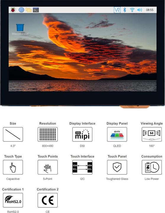 Actual product image WaveShare 4.3inch QLED Capacitive Touch Display for Raspberry Pi DSI Interface 800×480