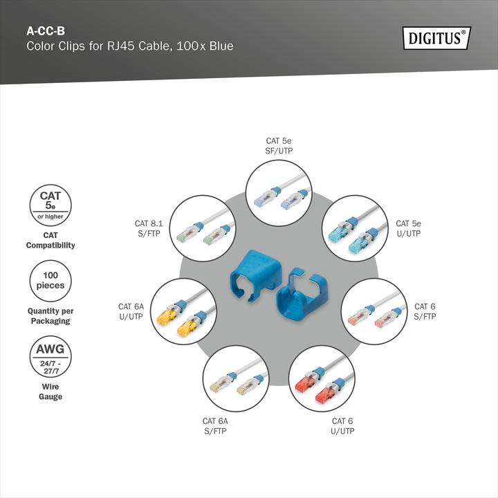 Produktbild Digitus Farbclips für RJ45-Kabel Farbe Blau, 100 Stück Packung