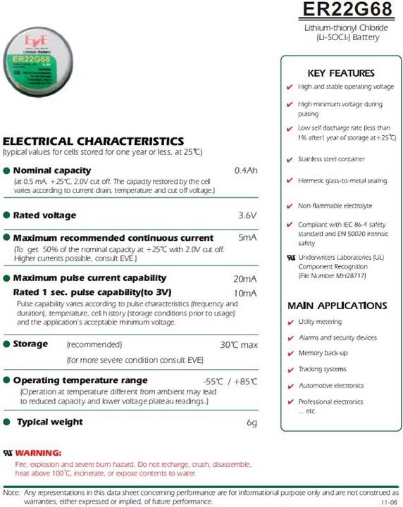 Actual product image AccuCell Battery EVE ER22G68 with 2 solder pins, replaces TL-5186 and SL-840 (1 pcs., 400 mAh)