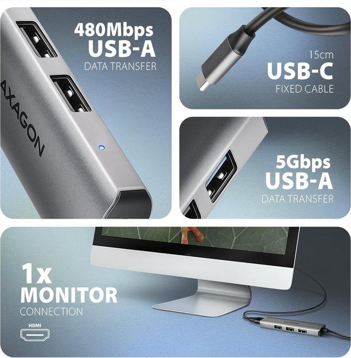 Produktbild Axagon HMC-H3A USB-C 5Gbps STARTER 4in1 hub (USB-C, 4 Ports)