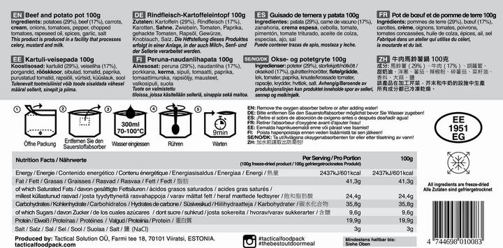 Nutritional values and ingredients Tactical Foodpack Beef and Potato Pot (100 g)