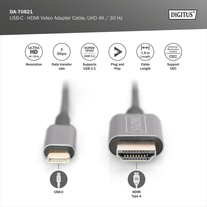 Immagine prodotto Digitus USB Typ C — HDMI (Typ A) (1.80 m, USB tipo C)