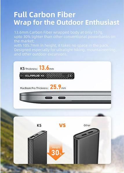 Produktbild Klarus K5 - Wasserdichte Ultralight Powerbank (10000 mAh, 22.50 W, 38.50 Wh)