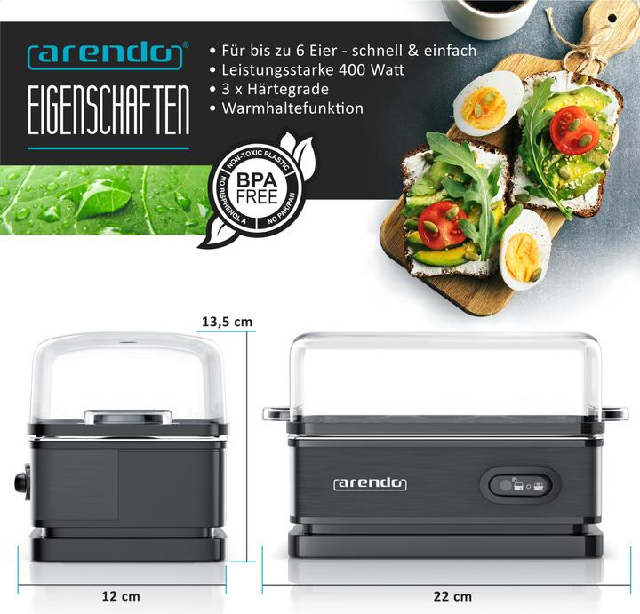 Immagine prodotto Arendo Caldaia per uova, a 6 pieghe, in acciaio inox, funzione keep warm, durezza regolabile, per 6 uova