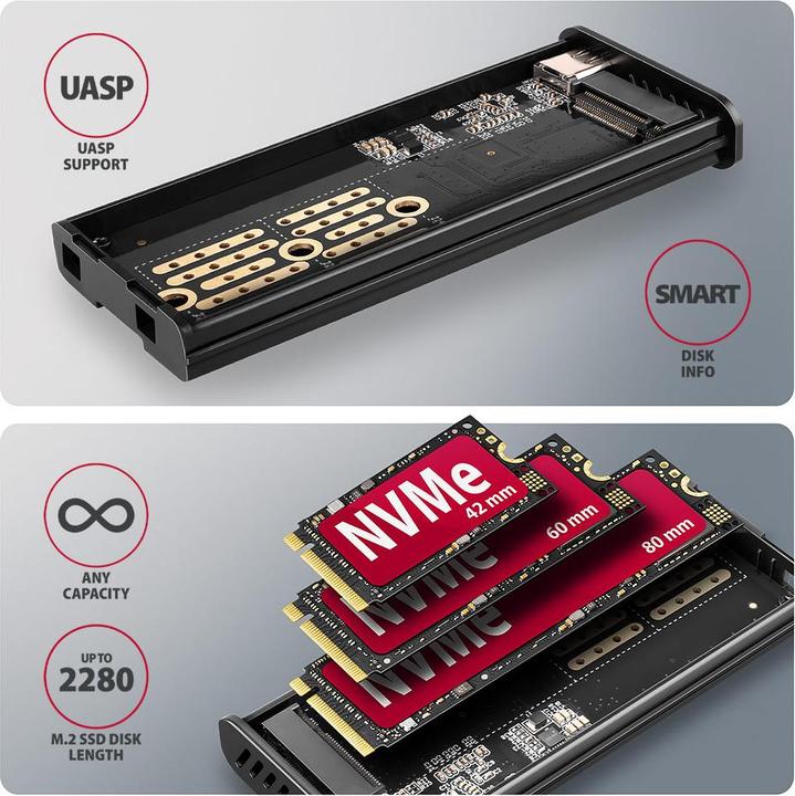 Produktbild Axagon Boitier externe USB-C 3.2 EEM2-SD2 - S-ATA/NVMe M.2 Type 2280 (Noir) (M.2 2280)
