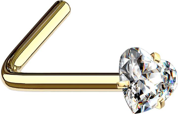 Star Piercing Nasenstecker gewinkelt vergoldet Kristallherz silber gefasst (ohne Messing, Chirurgenstahl 316L)