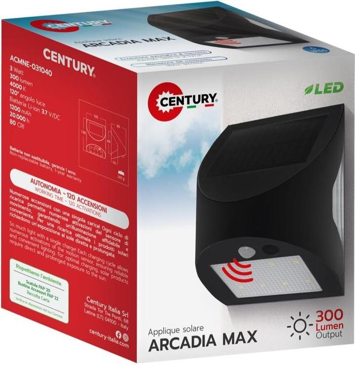 Produktbild Century Arcadia Max Solar LED-Wandleuchte schwarz (300 lm, IP65)