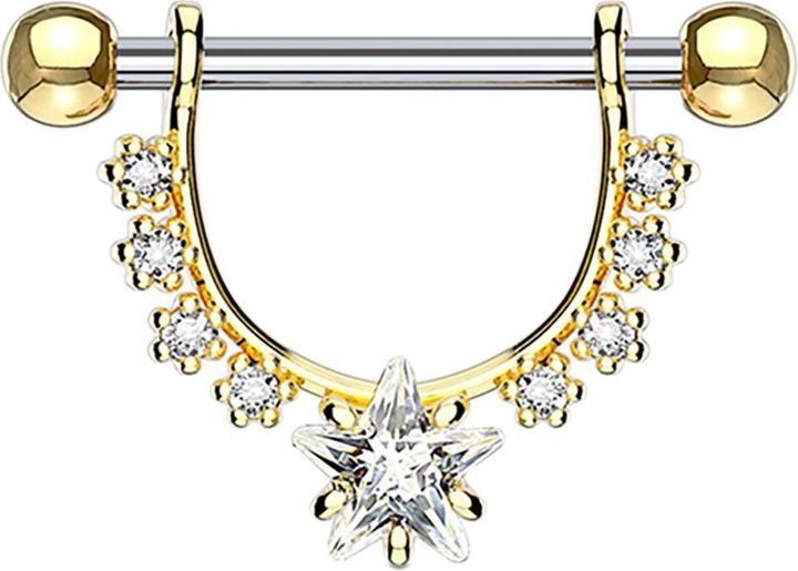 Star Piercing Barbell 14k vergoldet Kristall halbbogen mit Sternkristall (ohne Messing, Chirurgenstahl 316L)