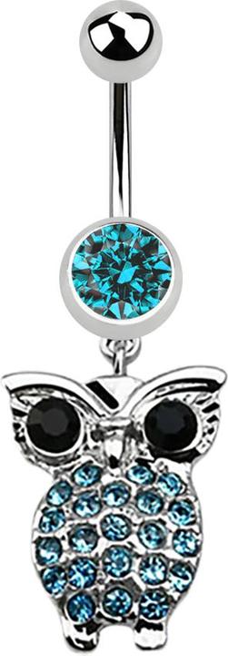 Star Piercing Banane silber mit Anhänger Eule und grossen Augen aqua (Chirurgenstahl 316L, ohne Messing)