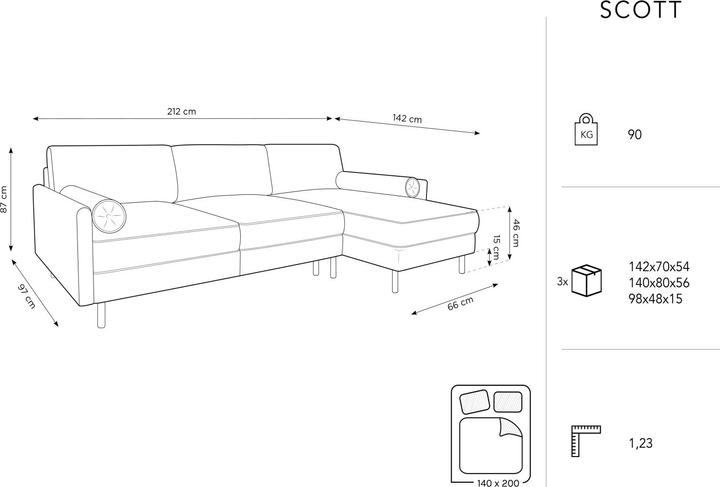 Actual product image Micadoni Right Corner Sofa With Bed Function And Box, "Scott", 5 Seats, 212x142x87Made in Europe (Corner sofa)