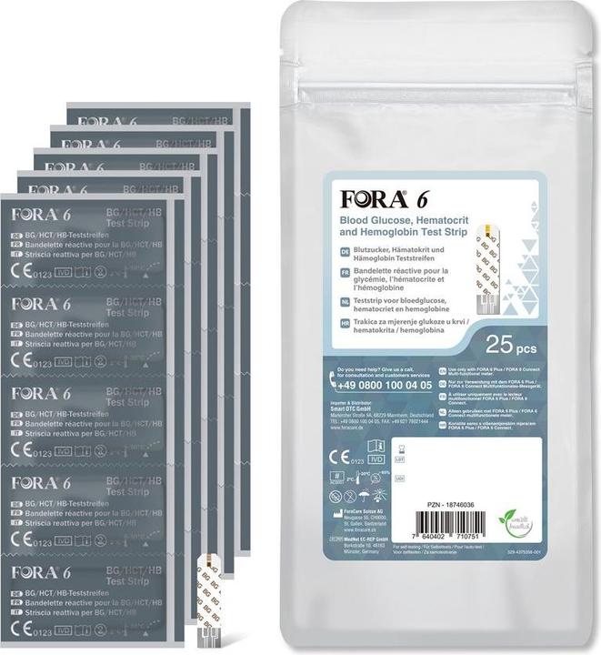 Image du produit Fora 6 Bandelettes de test - 3en1 glycémie, hématocrite et hémoglobine (Bandelette réactive)